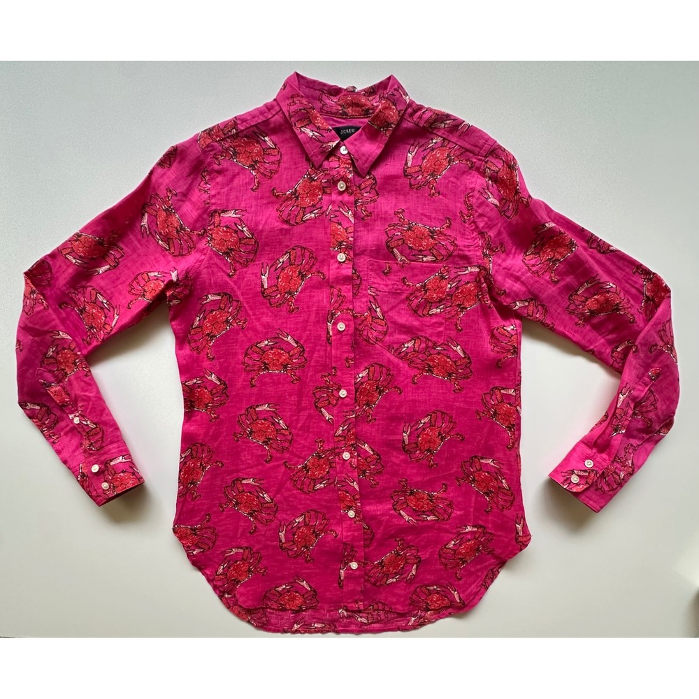 J. Crew Ratti King Crab Print Linen Classic Boy Fit Shirt Pink Red Size 0